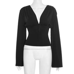 Long sleeve v neck ruched solid top