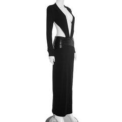 Long sleeve deep v neck hollow out slit cut out maxi dress
