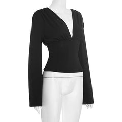 Long sleeve v neck ruched solid top