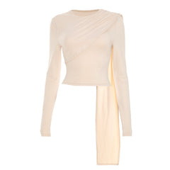 Crewneck long sleeve ruched irregular top