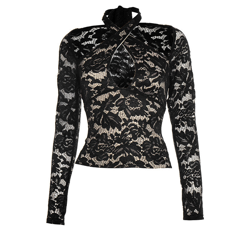 Cross front halter self tie lace long sleeve top