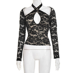 Cross front halter self tie lace long sleeve top