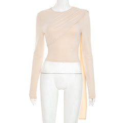 Crewneck long sleeve ruched irregular top