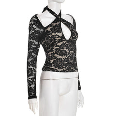 Cross front halter self tie lace long sleeve top