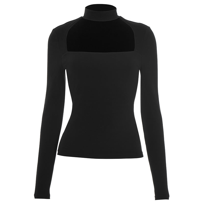 Long sleeve crewneck hollow out solid cut out top