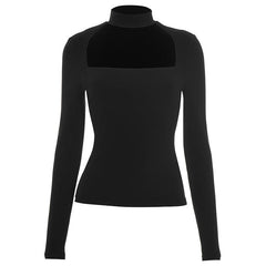 Long sleeve crewneck hollow out solid cut out top