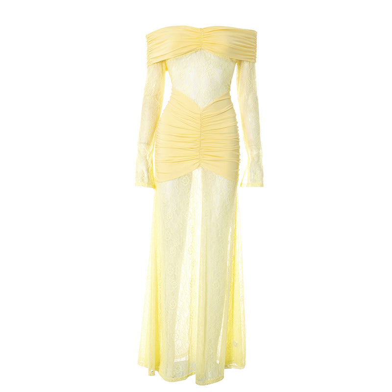 Ruched off shoulder long sleeve lace maxi dress