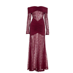 Ruched off shoulder long sleeve lace maxi dress