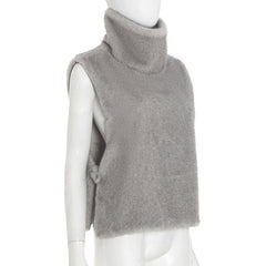 High neck fluffy button sleeveless top