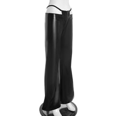 Zip-up PU leather hollow out wide leg pant