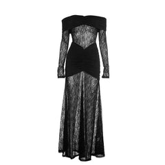 Ruched off shoulder long sleeve lace maxi dress