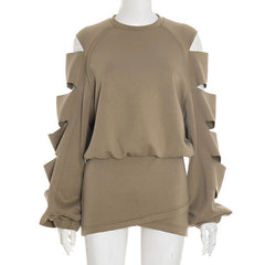 Hollow out long sleeve crewneck mini skirt set