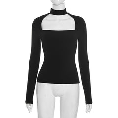 Long sleeve crewneck hollow out solid cut out top