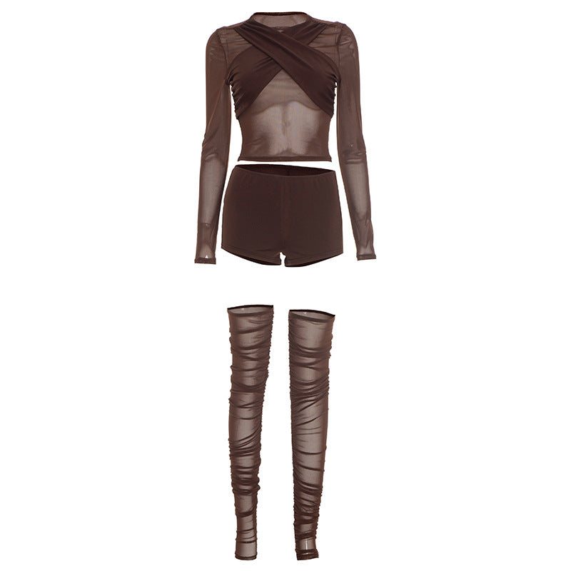 Crewneck long sleeve ruched mesh pant set
