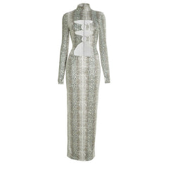 Hollow out long sleeve snakeskin print o ring cut out maxi dress