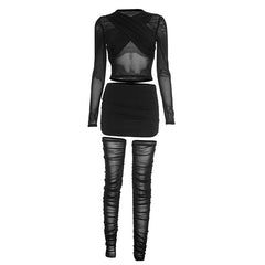 Mesh crewneck long sleeve ruched mini skirt set