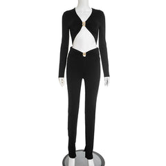 Long sleeve v neck ruched solid crop pant set