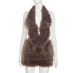 Fluffy halter self tie backless v neck mini skirt set