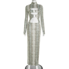 Hollow out long sleeve snakeskin print o ring cut out maxi dress