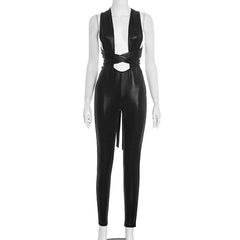 Cross back self tie backless solid jumpsuit