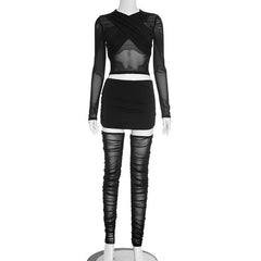 Mesh crewneck long sleeve ruched mini skirt set