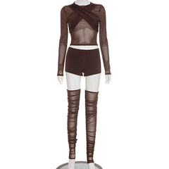 Crewneck long sleeve ruched mesh pant set