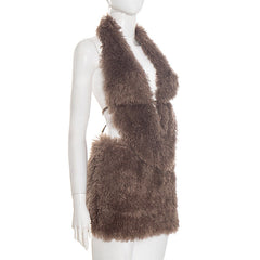 Fluffy halter self tie backless v neck mini skirt set