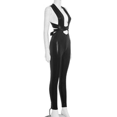 Cross back self tie backless solid jumpsuit