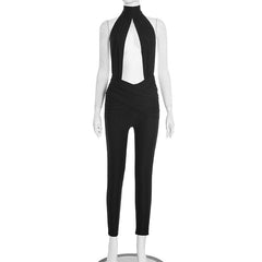 Halter hollow out ruched backless jumpsuit