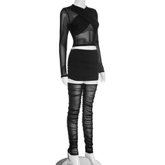 Mesh crewneck long sleeve ruched mini skirt set