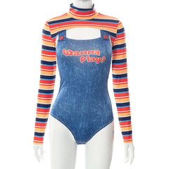 Long sleeve high neck letter pattern 2 piece bodysuit