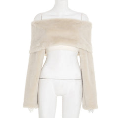 Off shoulder long sleeve fluffy crop top
