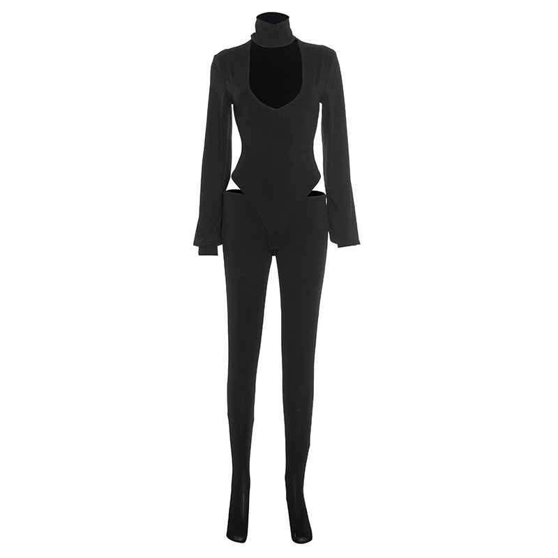 Long sleeve high neck hollow out button pant set