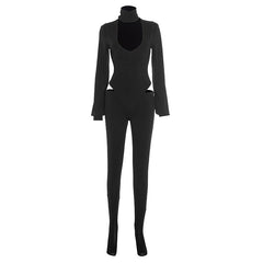 Long sleeve high neck hollow out button pant set
