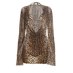 Leopard print long sleeve halter 3 piece mini skirt set