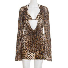 Leopard print long sleeve halter 3 piece mini skirt set