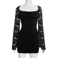 Long sleeve lace square neck self tie mini dress