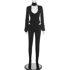 Long sleeve high neck hollow out button pant set