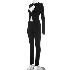 Long sleeve hollow out crewneck zip-up pant set
