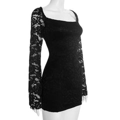 Long sleeve lace square neck self tie mini dress