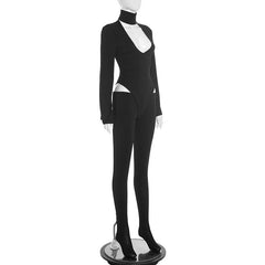 Long sleeve high neck hollow out button pant set
