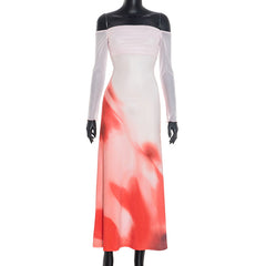 Off shoulder long sleeve print ruched maxi dress