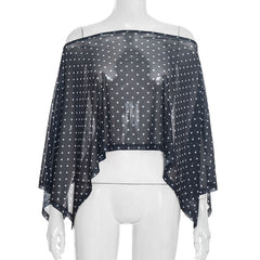 Polka dot see through off shoulder sheer mesh top