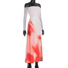 Off shoulder long sleeve print ruched maxi dress