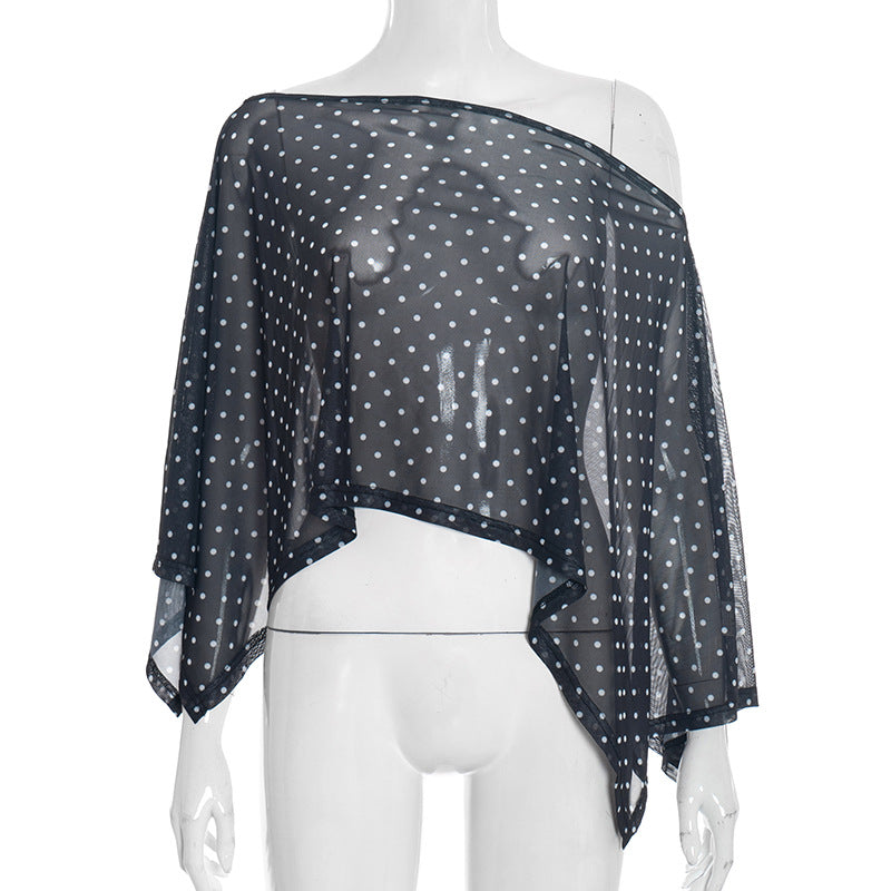 Polka dot see through off shoulder sheer mesh top