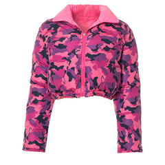 Long sleeve zip-up print turnover collar PU leather top