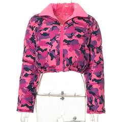 Long sleeve zip-up print turnover collar PU leather top