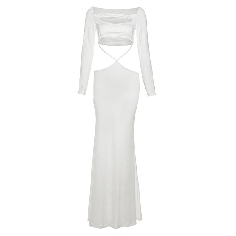 Long sleeve hollow out solid cut out maxi dress