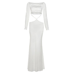Long sleeve hollow out solid cut out maxi dress