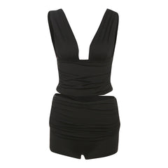 V neck ruched solid short pant set